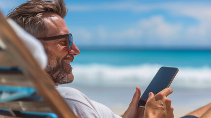 A man is sitting on a beach chair with a tablet in his hand. He is smiling and he is enjoying his time. a gentleman in his thirties, lying on a deckchair, views his messages on his smartphone