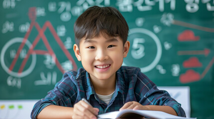 A young Korean boy is sitting at a desk with a green chalkboard behind him. He is smiling and holding a book. Korean child, 9 years old, is interested in studying math, smile