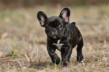 Adorable black french bulldog puppy enjoying a frolic in a natural setting