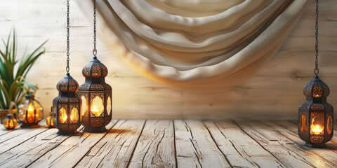 Decorative lanterns with candles on a rustic wooden floor, draped fabric in the background creating a cozy and warm ambiance. Islamic New Year.