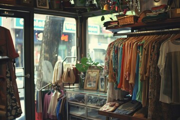 Cozy boutique showcasing an array of vintage clothing and accessories, with a rustic charm