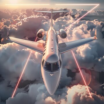 A private jet flies high above the clouds.