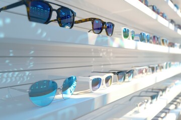 shelves with different glasses in an optics store. sale of glasses, vision correction