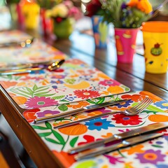 Fototapeta premium Colorful floral table setting with placemats, silverware and flowers.