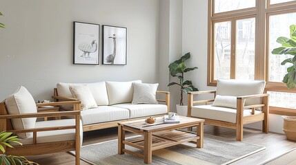 A living room with a white couch, a coffee table, and a chair