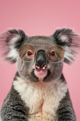 Cute funny animal koala in glasses on bright background, optics, funny poster, vision correction