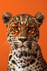 Cute animal leopard in glasses on bright background, optics, funny poster, vision correction