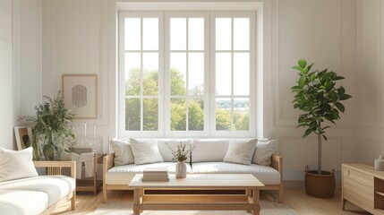 A living room with a white couch, a coffee table, and a potted plant
