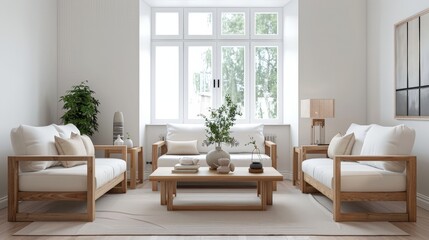 Obraz premium A living room with a white couch, a coffee table, and a potted plant