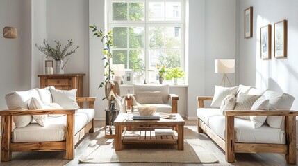 Obraz premium A living room with a white couch and two other couches, a coffee table