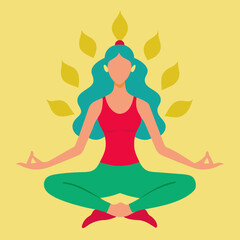 In the image, a woman is seated in a lotus position with leaves around her head