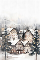 Watercolor illustration of European historical old winter village with wooden houses in neutral soft pastel color palette, winter trees, christmas lights in windows