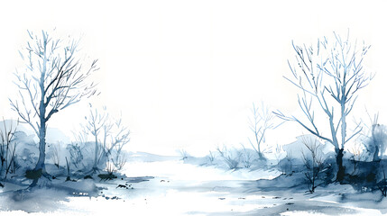 Watercolour illustration of late winter on white background, empty space in the center