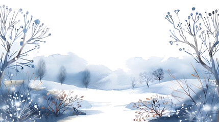 Watercolour illustration of late winter on white background, empty space in the center