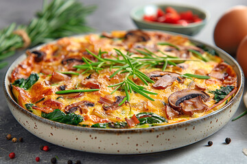 Spinach and Mushroom Frittata: Baked egg dish loaded with sautéed spinach, mushrooms, onions, and shredded cheese.