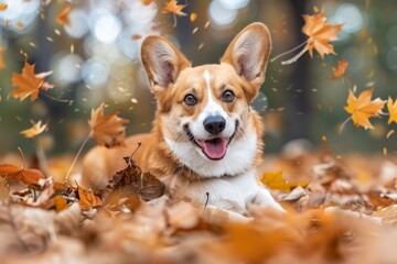 Joyful corgi dog surrounded by falling leaves in an autumn setting