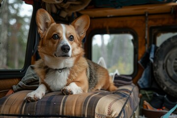 Cute corgi dog lounges inside a retro van, exuding the spirit of adventure and coziness on a rainy day