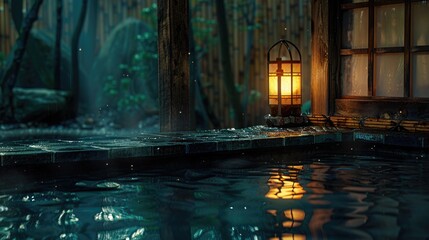 Japanese hot spring, in a traditional Japanese house at night with a wooden floor and dark yellow wall, a large window showing a nature view, cozy lamp lighting, a wooden bathtub filled with water.
