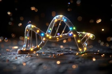 Glowing DNA structure casts reflections on a city night, symbolizing the urban impact on genetic narratives