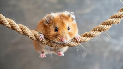 Cute hamster playing with rope.