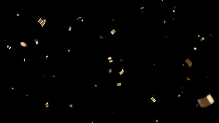 Sparkling Golden confetti falling on black background.