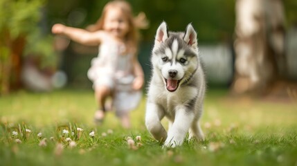 Portrait of a Husky dog running with a little girl on lawn in outdoor park