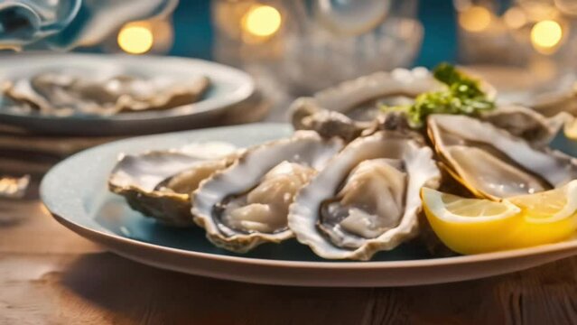 Fresh Oysters on white plate with lemon on blurred seascape background. Healthy seafood. Fresh Oyster in open air restaurant. Gourmet food. Copy space 