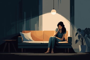 sad lonely woman sit on couch illustration