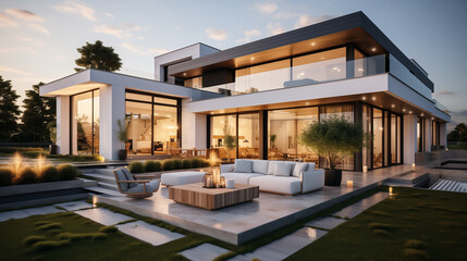 Fototapeta premium Modern house with a terrace and outdoor seating area, a white sofa on the lawn in front of it, and a contemporary villa design with large windows and glass walls.