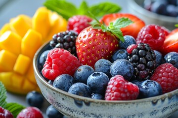 A vibrant array of fresh berries with visible water droplets in a rustic bowl, suggestive of healthy eating and freshness