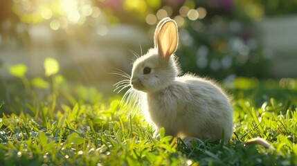 Fototapeta premium Cute rabbit on outdoor lawn.