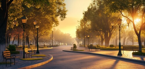 A 3D rendering of a tranquil, tree-lined boulevard with elegant street lamps, park benches, and a gentle curve, under a golden sunset 32k, full ultra hd, high resolution