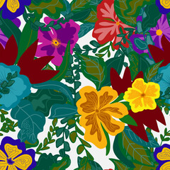 stylized flowers in flat style hand drawn vector seamless pattern. Retro style