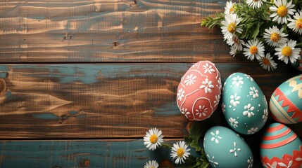 Beautiful Easter Eggs with colorful patterns decoration on wooden table - Powered by Adobe