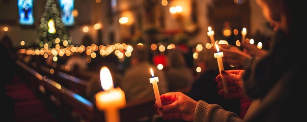Christmas Eve Service Focus on people holding candles at a Christmas Eve service with a church background, evening light, empty space left for text Christmas