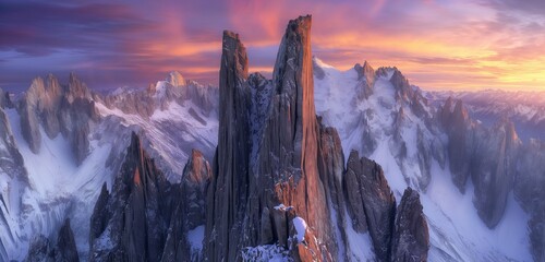 A dramatic view of a towering mountain peak with jagged cliffs and snow-covered ridges, under a vibrant sunset sky 32k, full ultra hd, high resolution