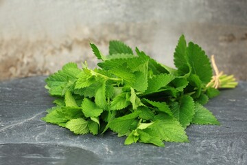 Bunch of fresh Melissa officinalis plant on the stone, commonly known as balm or melissa. In...