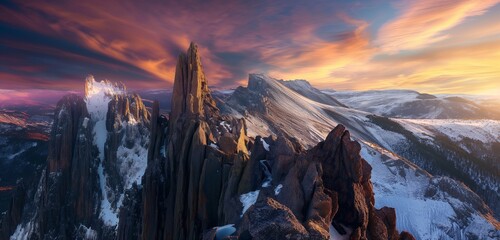 A dramatic view of a towering mountain peak with jagged cliffs and snow-covered ridges, under a...