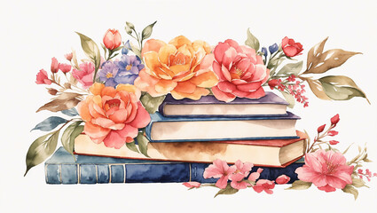 watercolor painting of a stack of four books with peach, purple