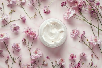 Top view of a moisturizing cream container surrounded by delicate pink blossoms on a soft background