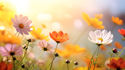 different colored flowers are blooming in a garden nature blossoms on a blurred background
