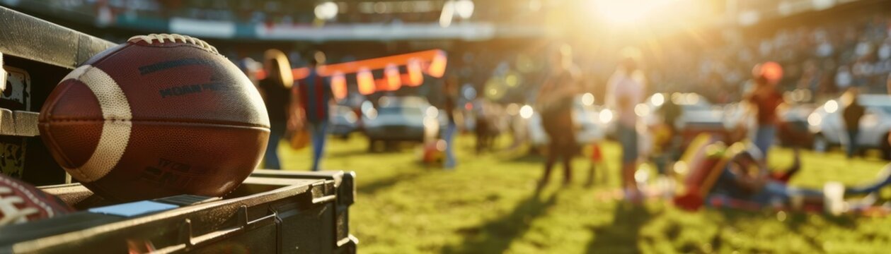 Football Tailgate Focus on fans tailgating with a stadium parking lot background, midday light, empty space left for text Christmas
