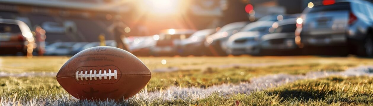 Football Tailgate Focus on fans tailgating with a stadium parking lot background, midday light, empty space left for text