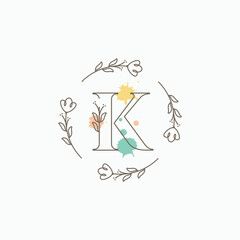 letter k flower minimalist coloring logo design vector