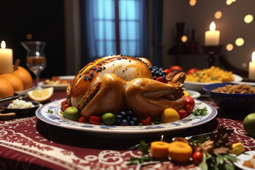 There is a roasted turkey on a table. The table is set with candles, fruit, and drinks. There is a Christmas tree in the background.

