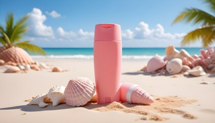 A sunscreen bottle on a sandy beach with seashells, against a blue sky with clouds
