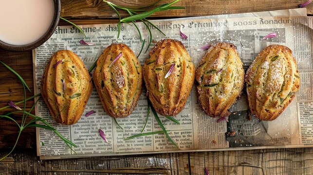   A cluster of baked goods perched atop a newspaper beside a cup of joe and a glass of dairy
