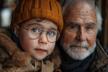 Close-up of a senior man and toddler both wearing glasses, reflecting familial bonds and wisdom - Powered by Adobe