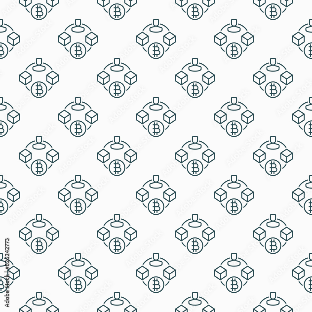 Poster blocks connected with man and bitcoin vector blockchain technology linear seamless pattern