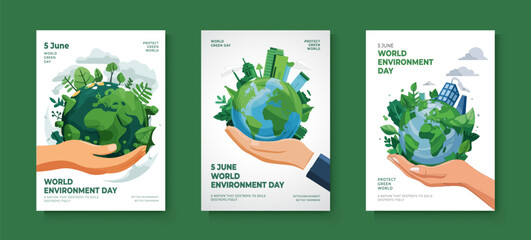 Bold and impactful  World Environment Day poster design ideas. A hand-protecting world nature illustration vector template.